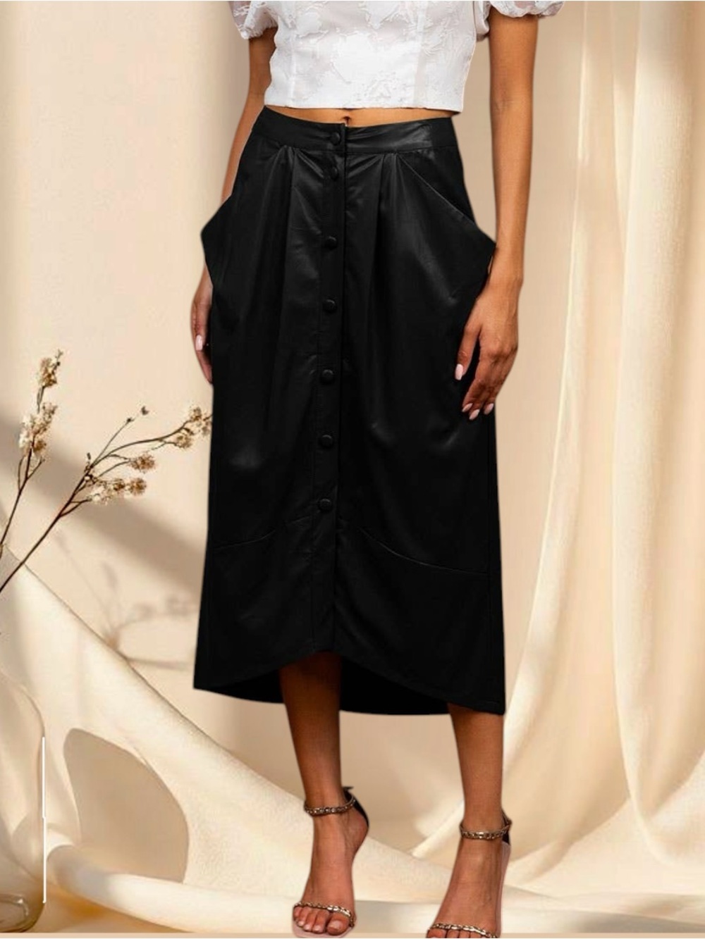 Black Vegan Leather Button Front Midi Pencil Skirt
